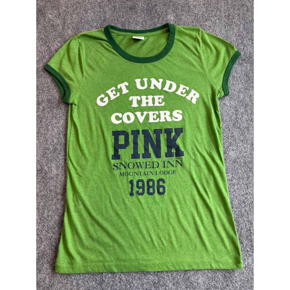 Victoria's Secret PINK Ringer Graphic T-Shirt Green Snowed Inn Mountain Lodge L